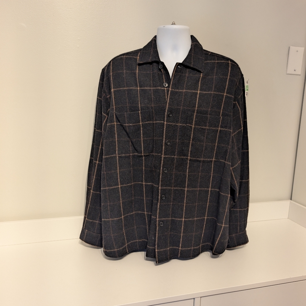 Natural Life Mens Wool Blend Button Down Shirt Sz L Plaid Black Tan Sustainable